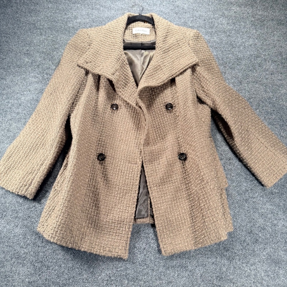 Calvin Klein Pea Coat Wool Blend Boucle Textured Jacket Tan Taupe Womens L Large